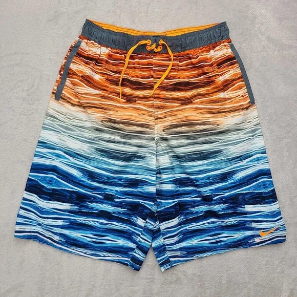 Nike Shorts Mens Large Blue White Orange Swim 11" Inseam Lined Drawstring - Picture 1 of 12